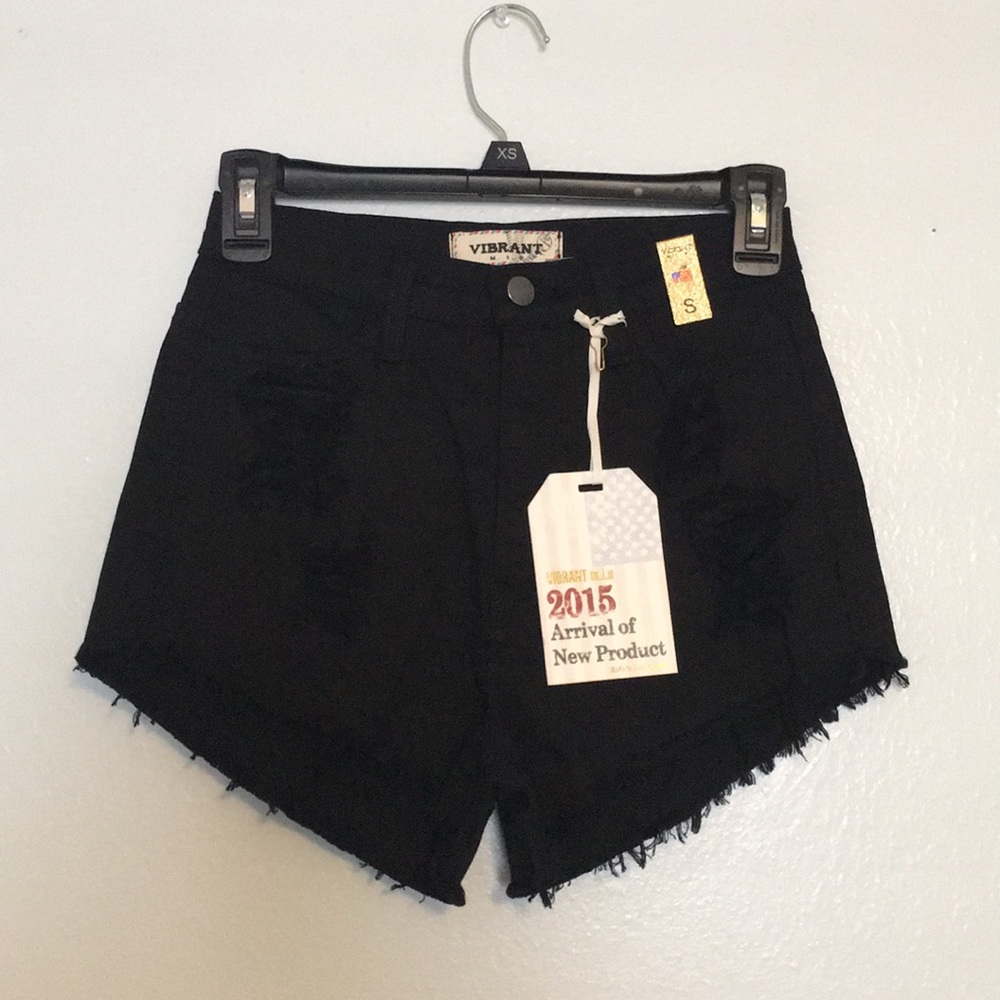Black high waisted distressed denim shorts